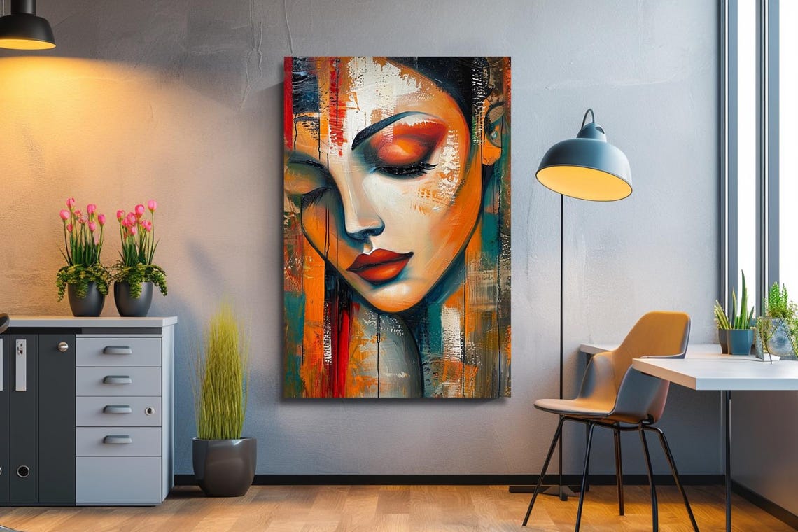 Colorful Abstract Woman Face With Closed Eyes Orange Teal Poster - Image 3