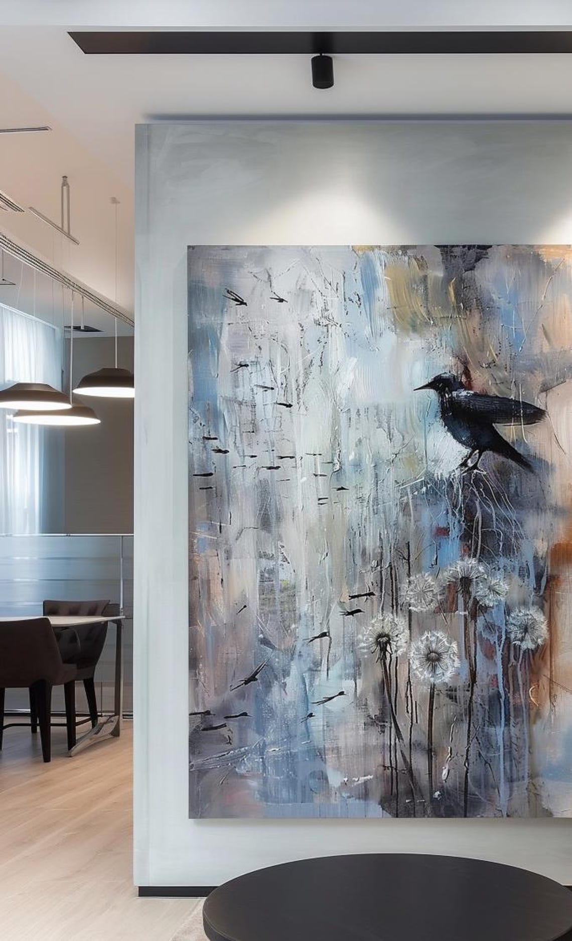 Black Bird Among Dandelions in Blue Abstract Painting Poster - Image 3
