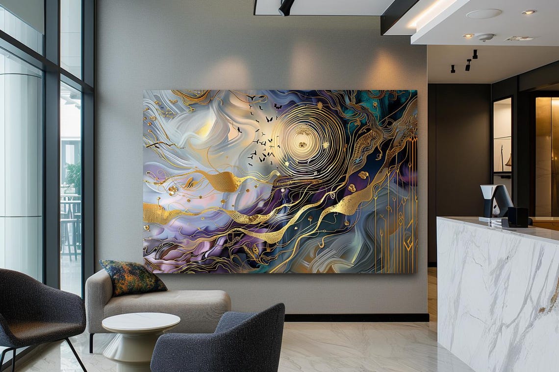 Golden Sun Spiral in Purple Clouds Birds Abstract Painting Poster - Image 3