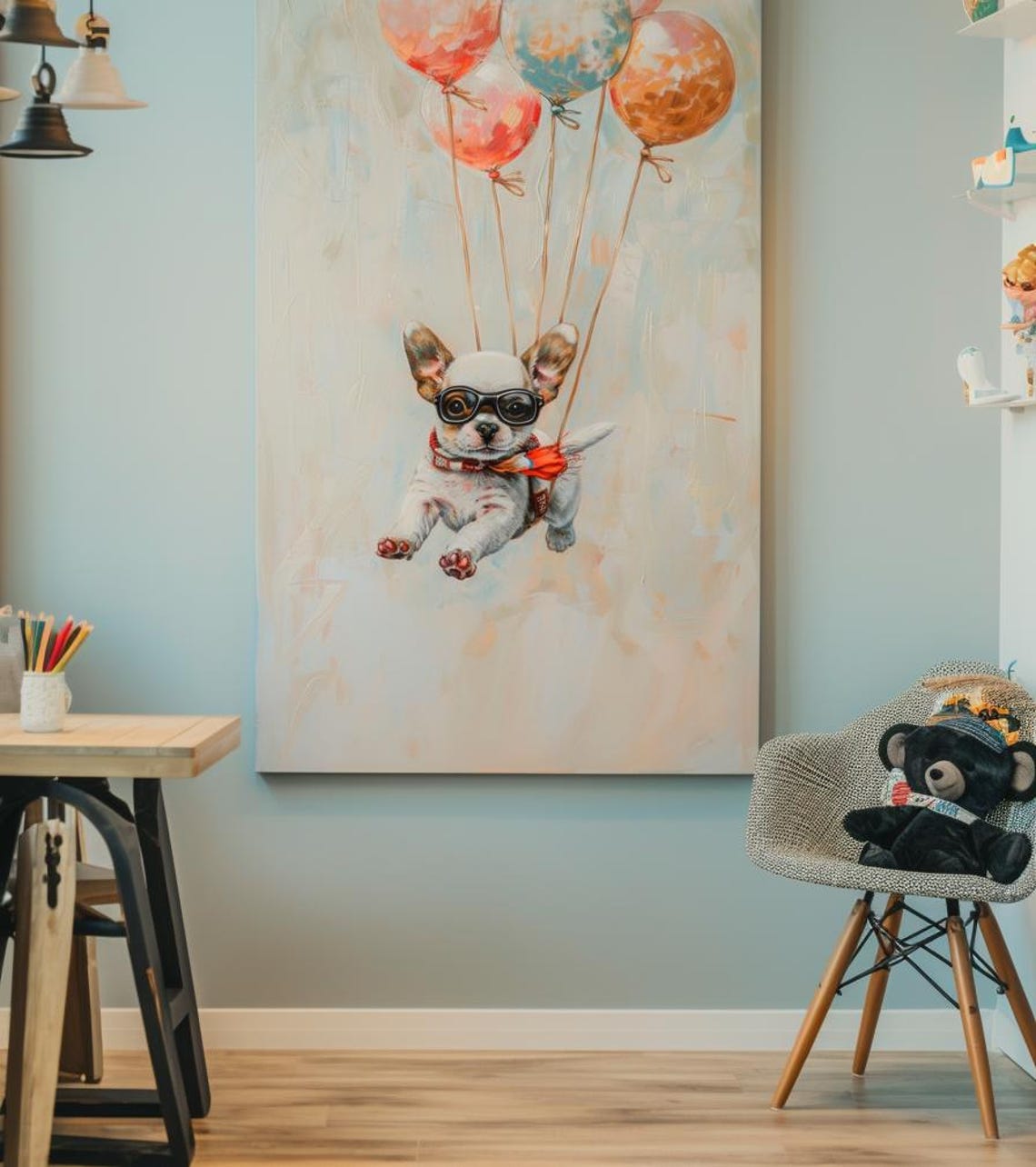 French Bulldog Puppy with Goggles Floating on Balloons Cute Poster - Image 3