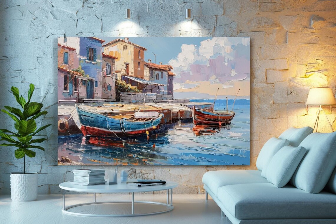 Mediterranean Harbor Boats Colorful Waterfront Painting Poster - Image 3