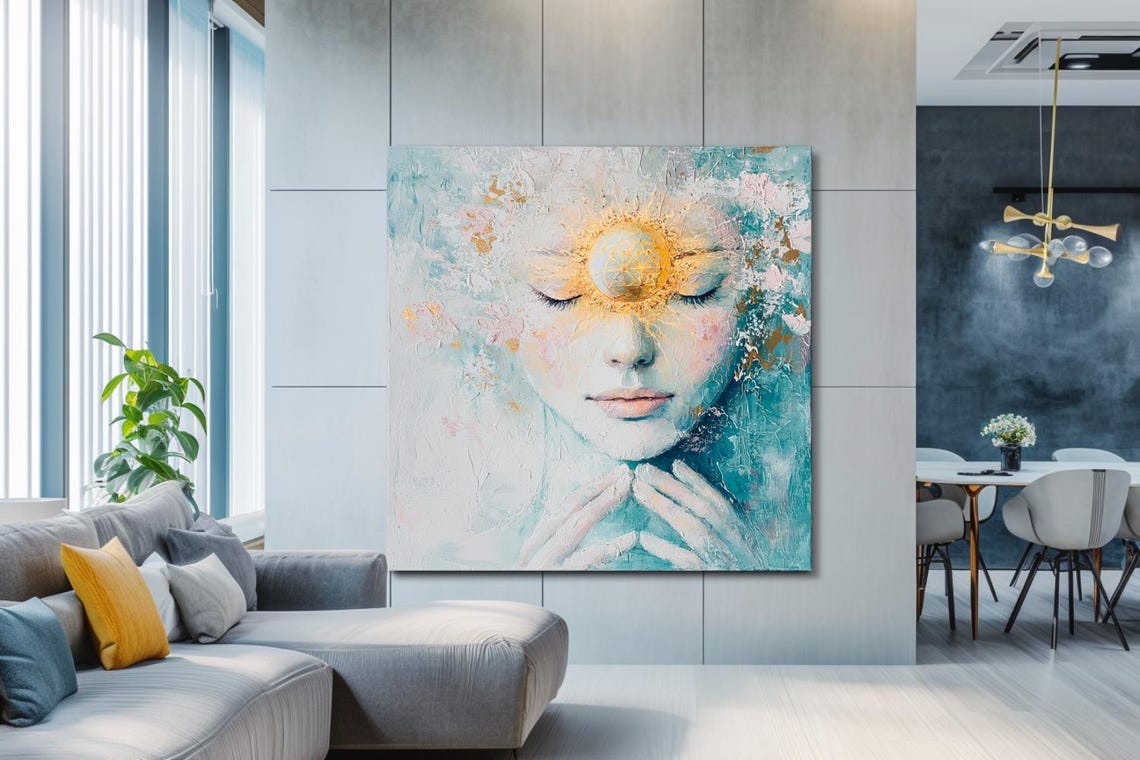 Meditating Woman With Golden Sun On Forehead Teal Blue Poster - Image 3