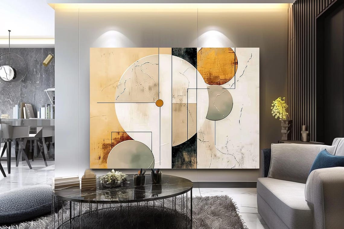 Bauhaus Geometric Circles In Gold Cream Black Abstract Art Poster - Image 2