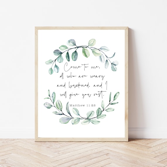 Farmhouse Bible Verse Wall Art Matthew 1128 Minimalist Christian Decor Baptism Gift From Godparents Rustic Scripture Print Sign