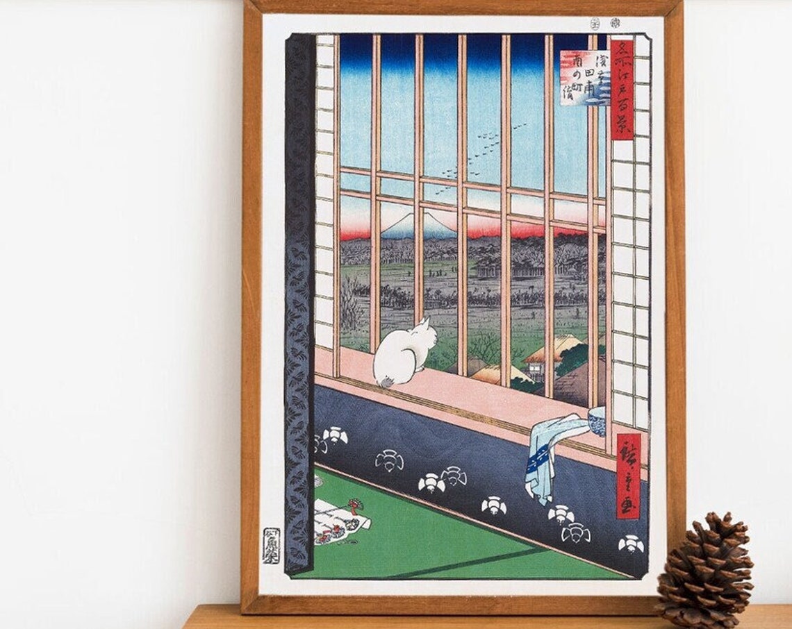 Hiroshige Cat At Window Mount Fuji Famous Edo Views Woodblock Poster