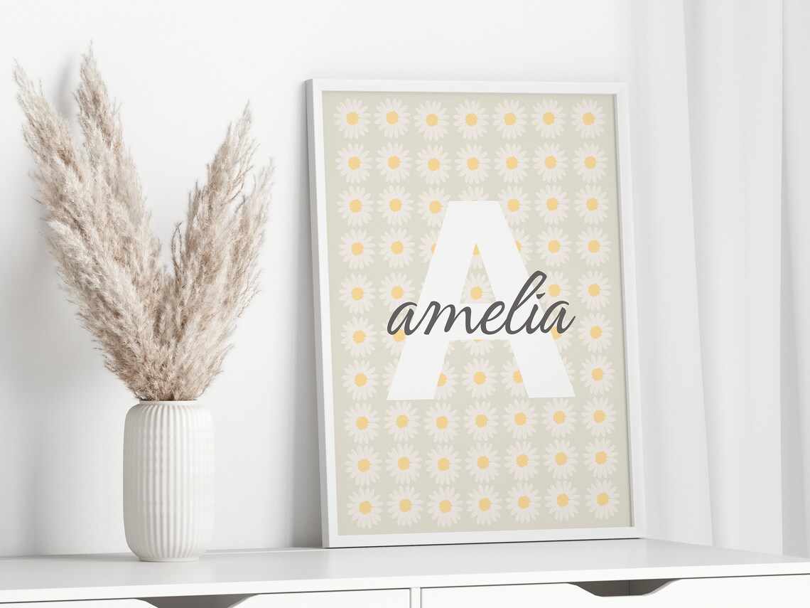 Personalized Daisy Pattern Name Poster Monogram Initial Floral Nursery Art - Image 2