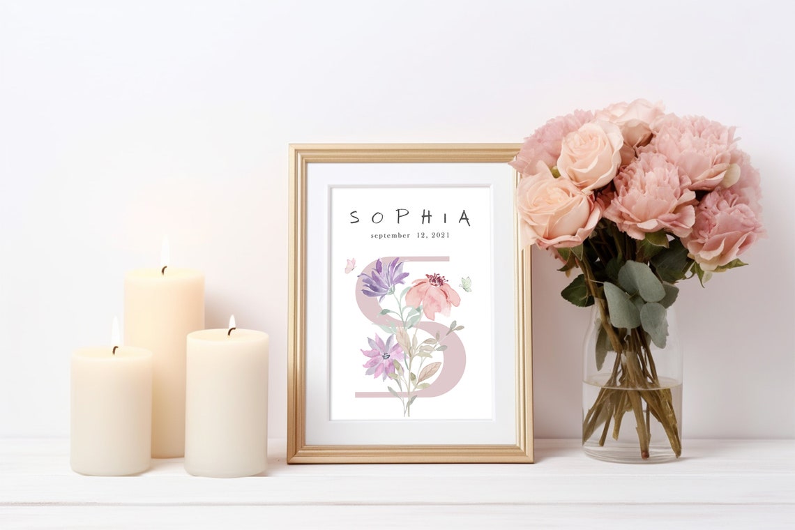 Custom Personalised Watercolour Floral Initial S Nursery Poster - Image 2