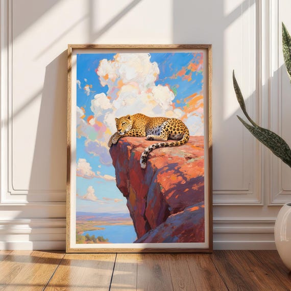 Majestic Leopard On Cliff Art Safari Landscape Wall Print Instant Wildcat African Wildlife Decor
