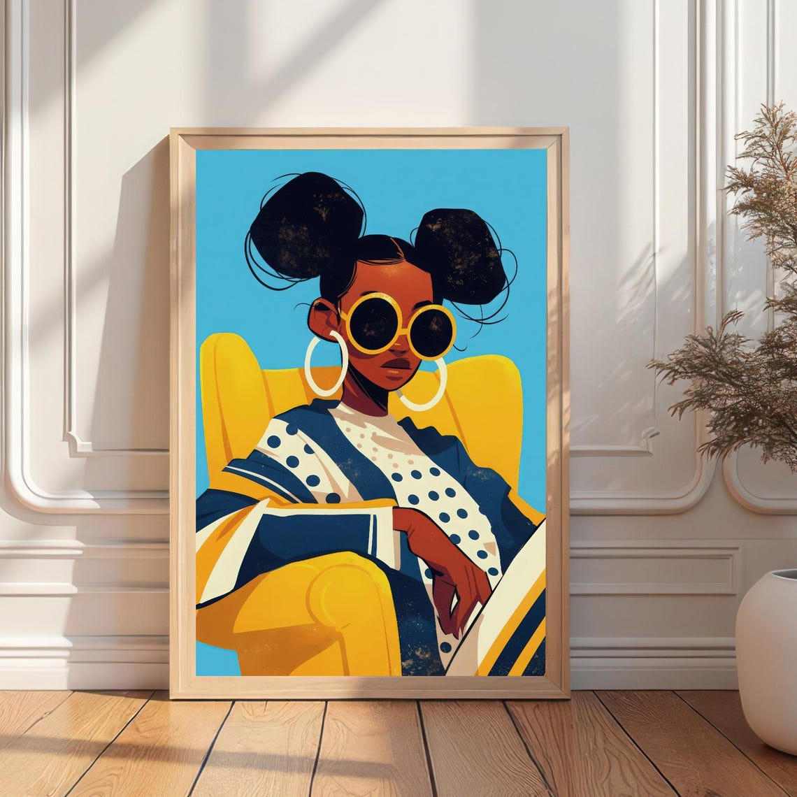 Fashion Colorful Woman Illustration Print Figure In Yellow Chair Art Bold Pattern Wall Decor Statement