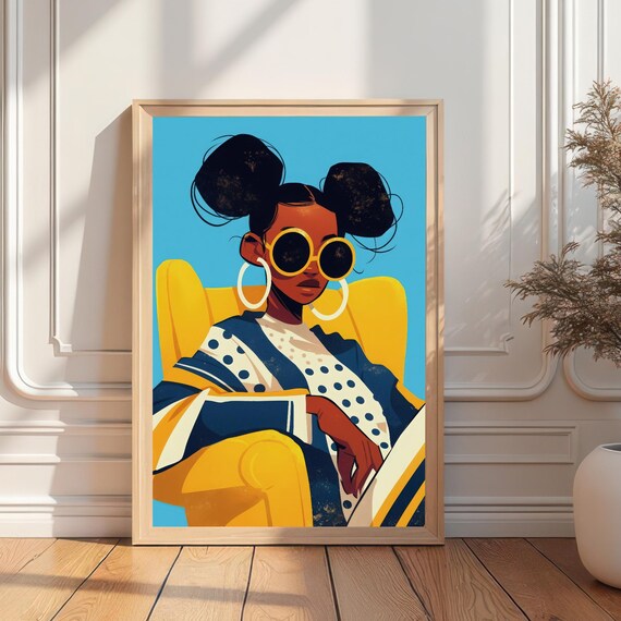 Fashion Colorful Woman Illustration Print Figure In Yellow Chair Art Bold Pattern Wall Decor Statement