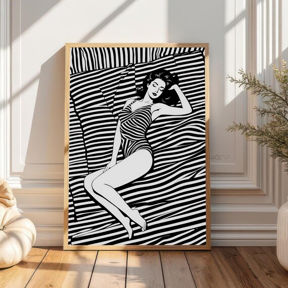 Retro Pop Art Woman Striped Swimsuit Glamour Op Art Black White Wall Poster