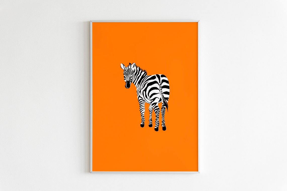 Zebra Standing on Bold Orange Background Safari Animal Art Poster - Image 2