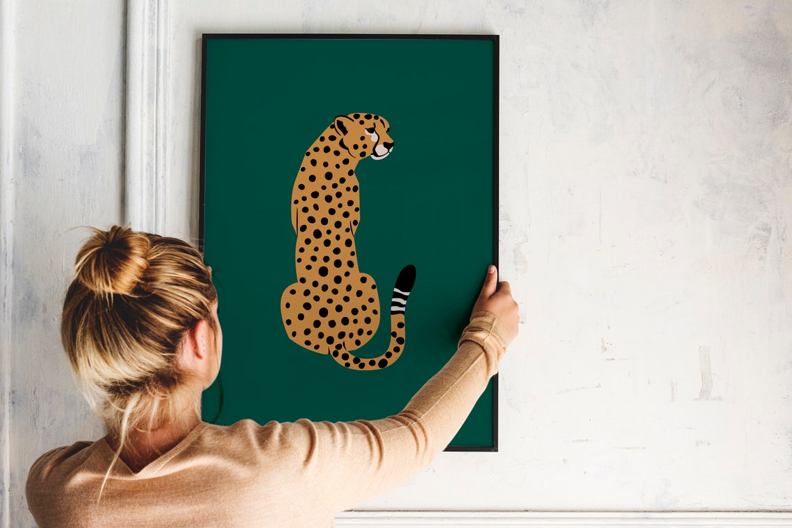 Sitting Cheetah Flat Illustration Dark Green Modern Animal Poster - Image 3