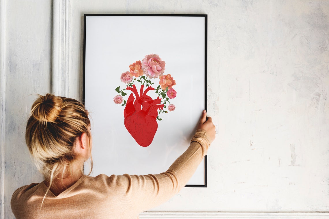 Blooming Anatomical Heart Floral Pink Blossoms Medical Decor Poster - Image 2