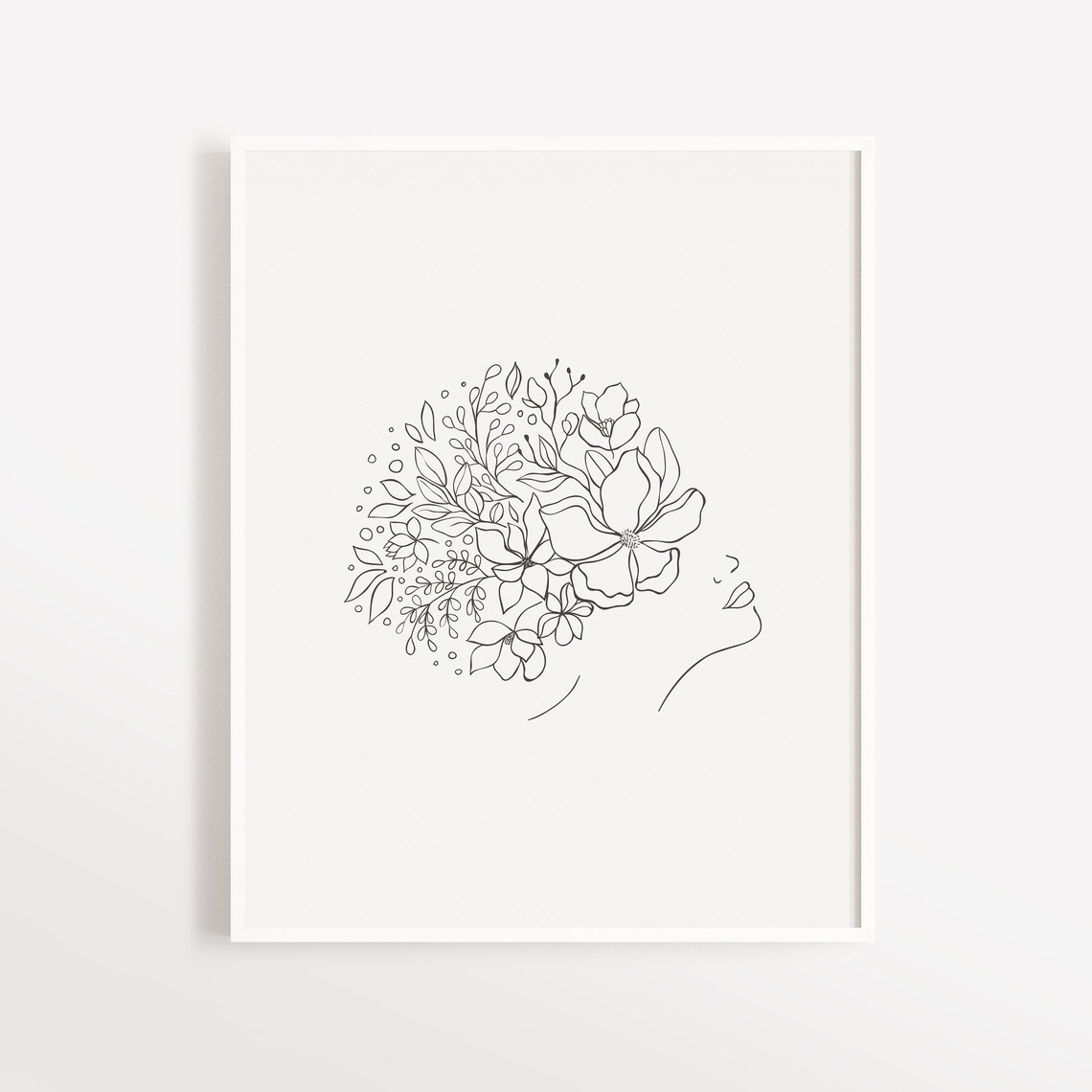 Flower Girl Black And White Line Art Floral Woman Profile Poster - Image 2