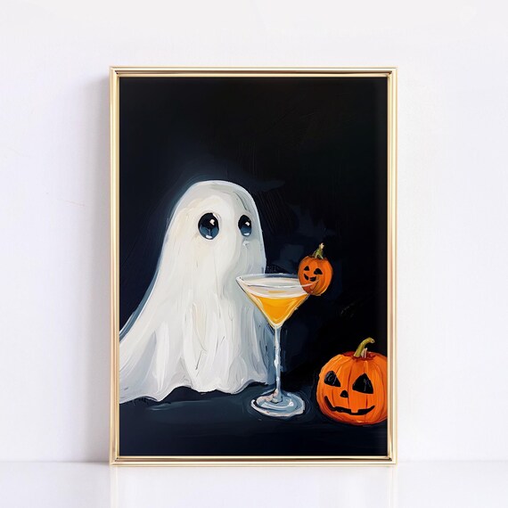 Cute Ghost Cocktail Painting Halloween Martini Pumpkin Funny Bar Poster