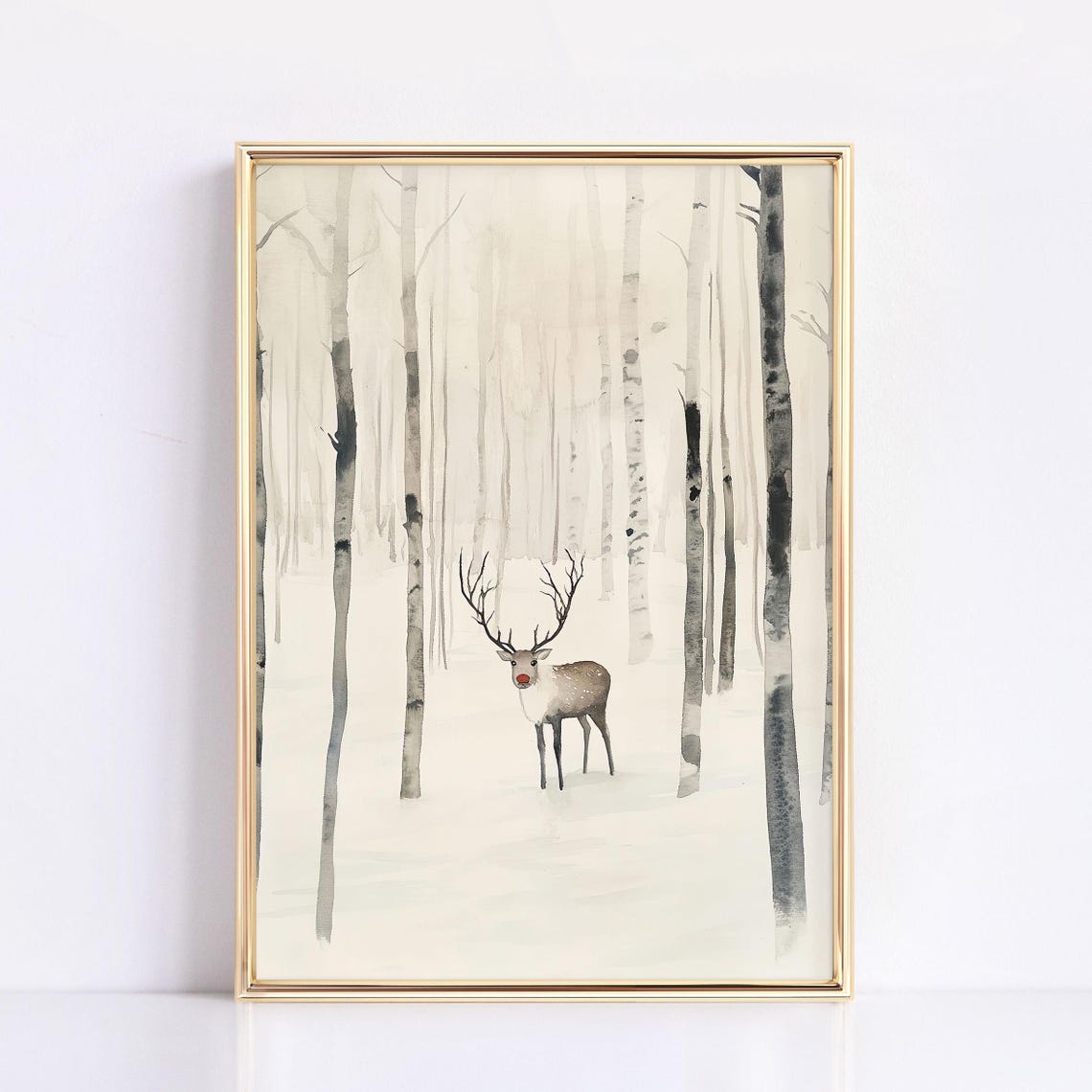Reindeer With Red Nose In Snowy Birch Forest Christmas Poster