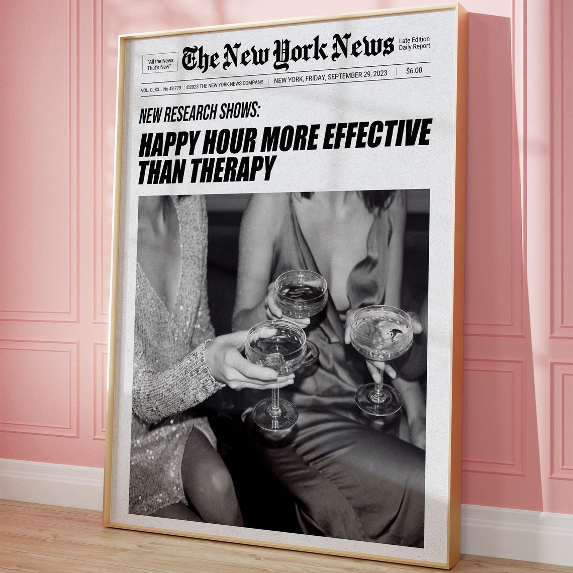 Happy Hour More Effective Than Therapy Newspaper Cocktail Poster