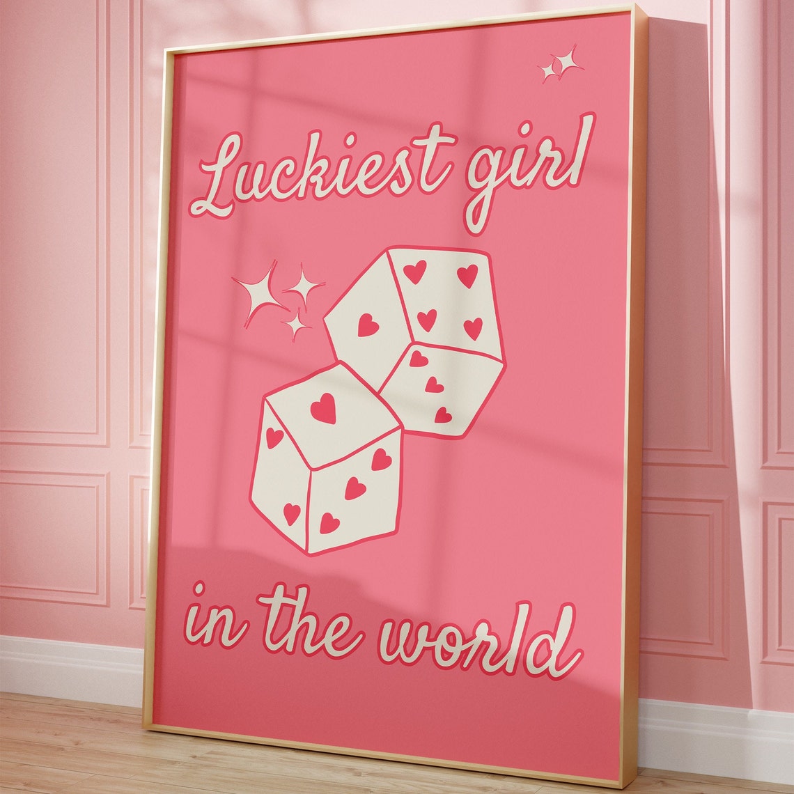 Lucky Girl Poster Pink Aesthetics Decor Pink Lucky You Retro Print Preppy Pink Vintage Dice Poster Quote Wall Art Trendy Lucky Wall Art