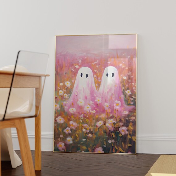 Pink Ghosts Wildflower Field Painting Cute Aesthetic Cottagecore Poster