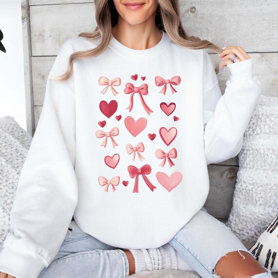Coquette Valentines Sweatshirt Cute Bows Sweater Love Heart Sweatshirt Cute Womens Sweatshirt Trendy Sweater Girly Pink Bow Tshirt