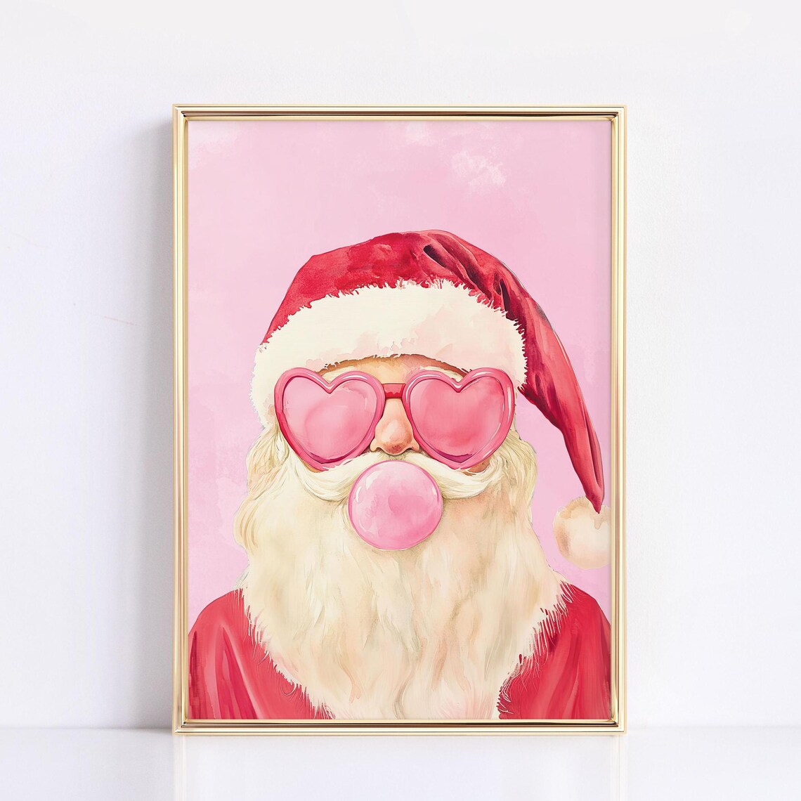 Pink Santa Christmas Wall Art, Cute Holiday Print