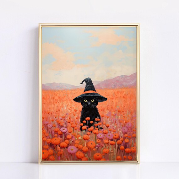 Black Cat Witch Hat Painting Orange Wildflower Field Fall Halloween Poster