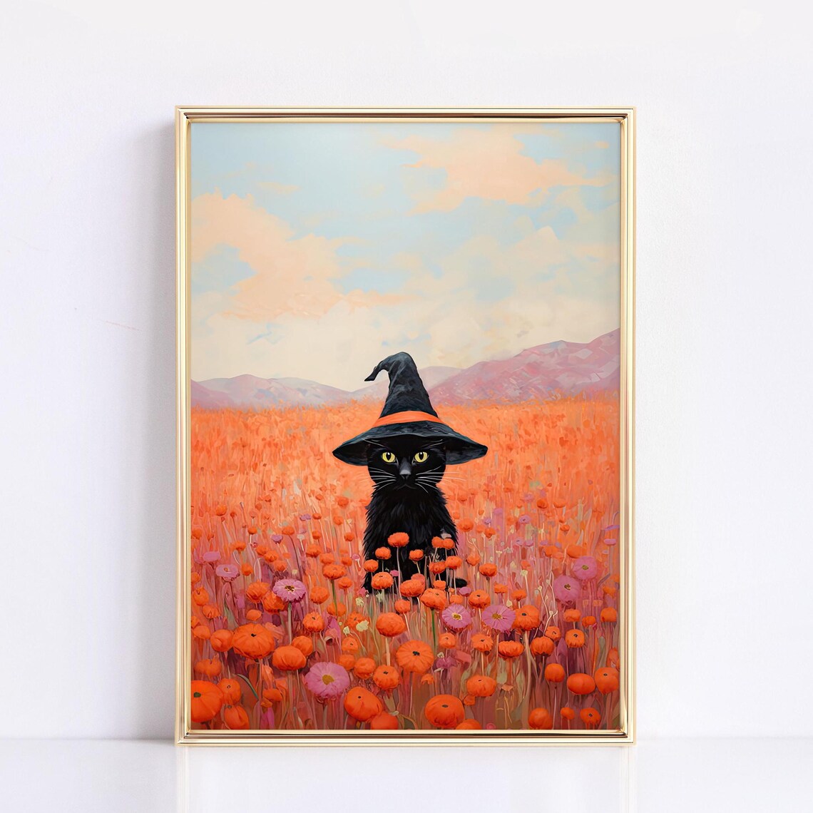 Black Cat Witch Hat Painting Orange Wildflower Field Fall Halloween Poster