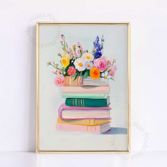 Book Stack Wildflower Bouquet Painting Pastel Reading Nook Poster