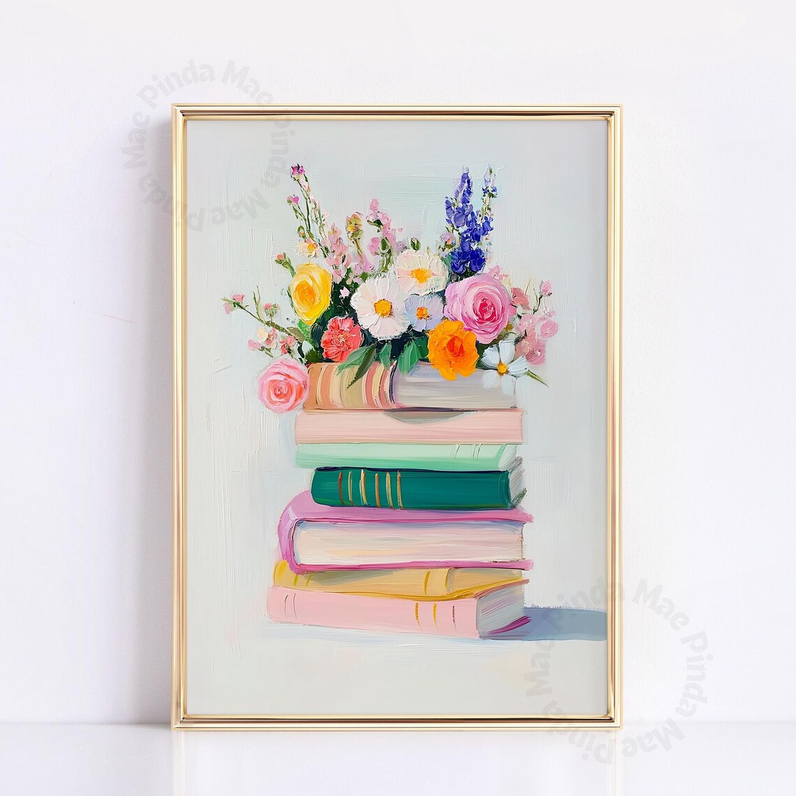 Book Stack Wildflower Bouquet Painting Pastel Reading Nook Poster