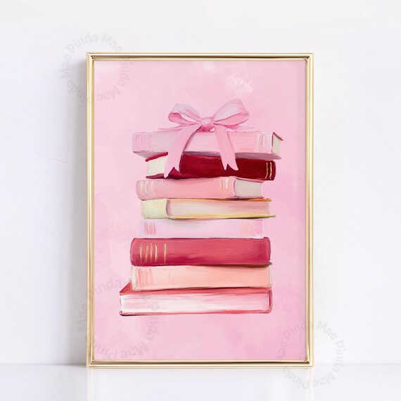 Pink Book Stack Painting With Bow Coquette Book Lover Library Poster