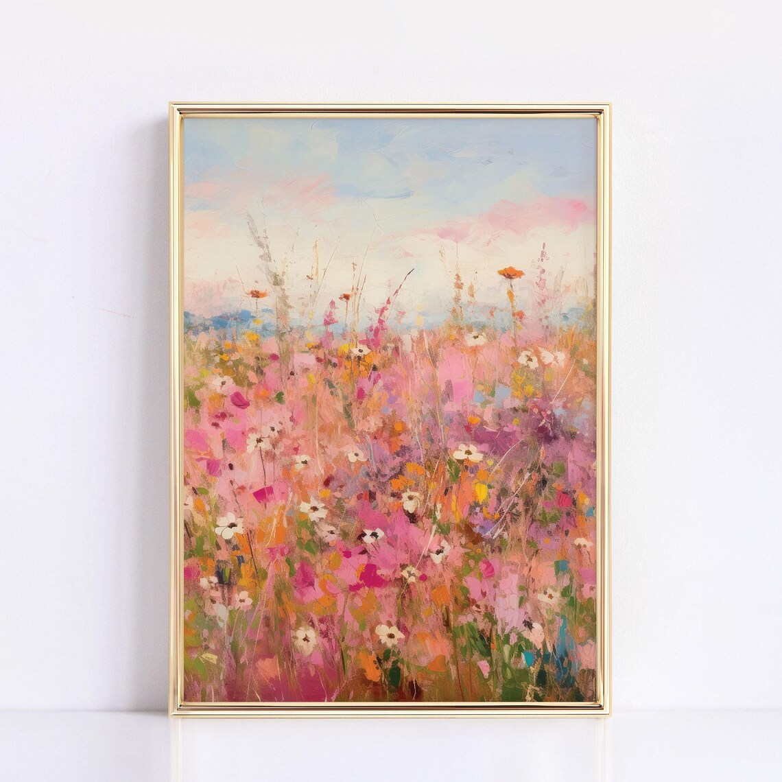 Pink Botanical Wildflower Oil Painting Farmhouse Art