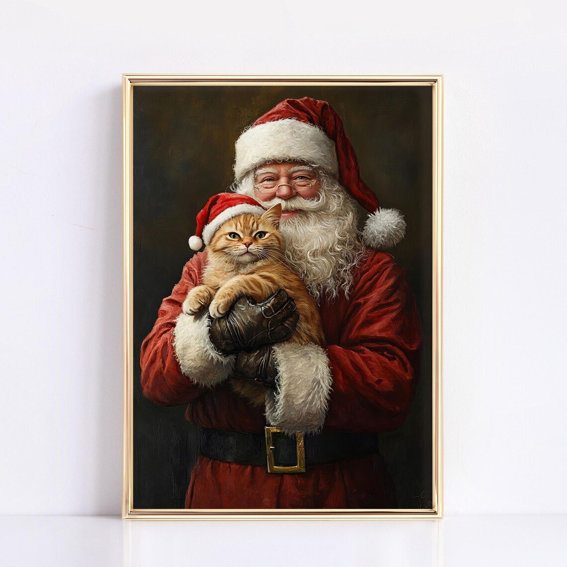 Santa Holding Cat Christmas Art Print, Holiday Decor