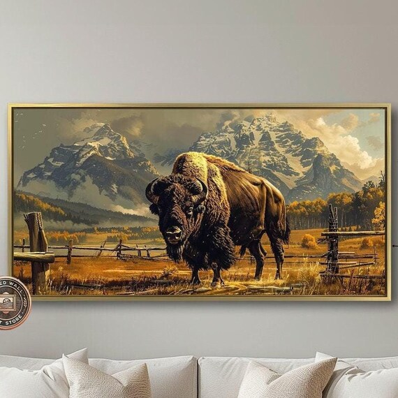 Bison Grazing In Fields Framed Print Snowy Mountains Landscape Wall Art Wildlife Painting Print Rustic Decor Ready To Hang