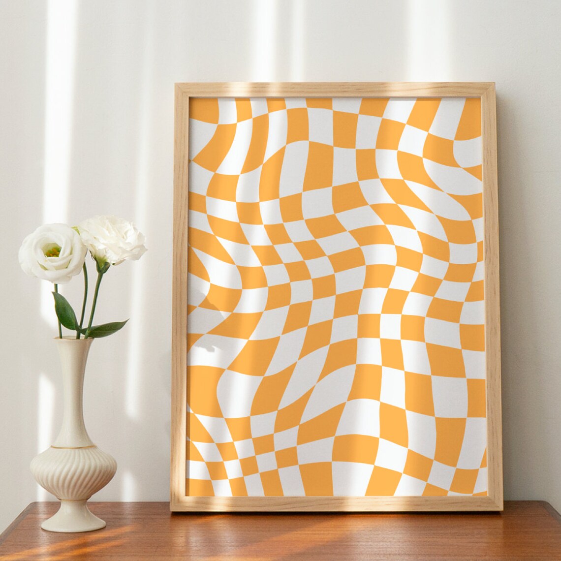 Retro Wall Art Wavy Checkered Orange Poster Trendy Print Art Wall Decor Retro Poster Wall Art Prints