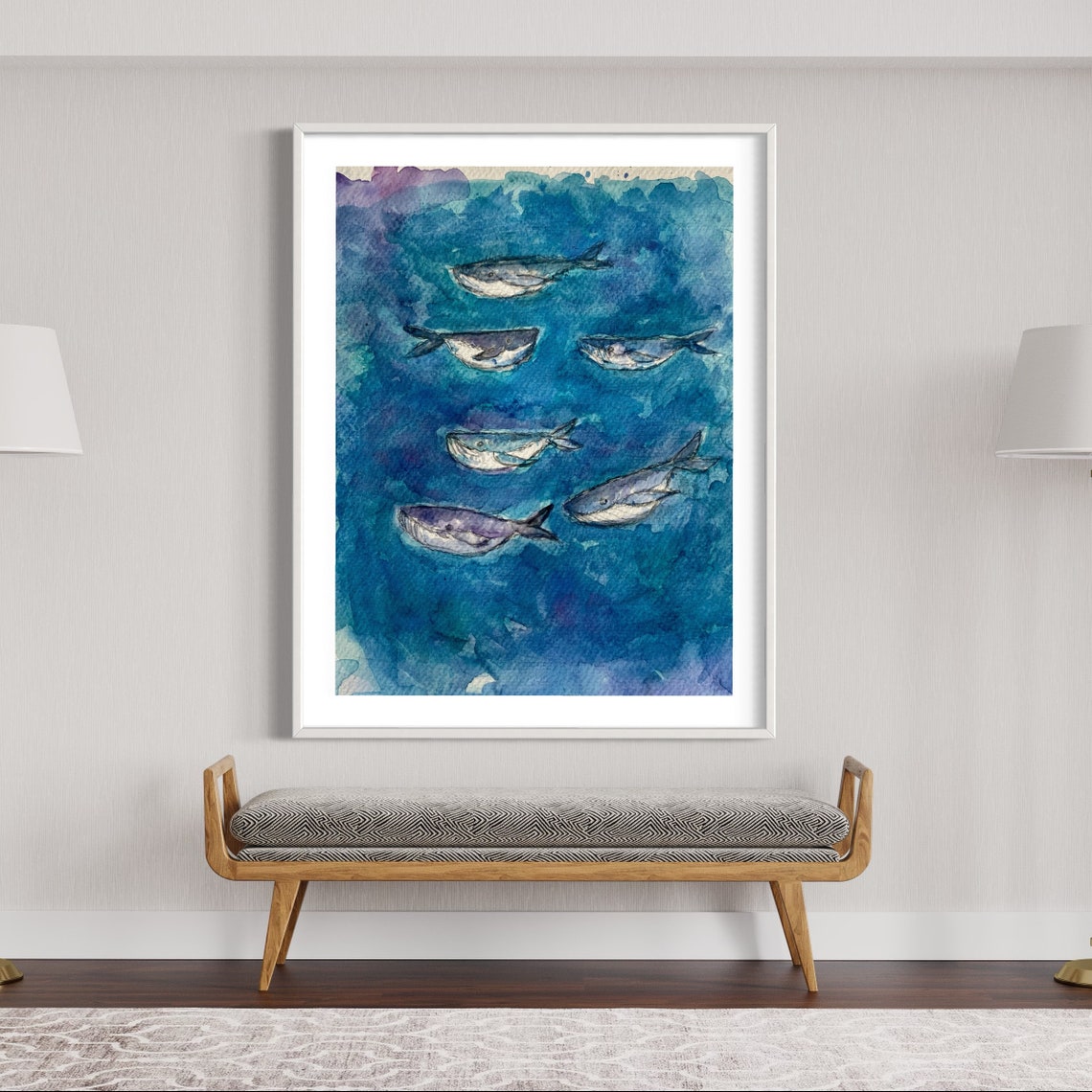 Whale Song Six Whales Watercolor Deep Blue Ocean Scene Art Poster