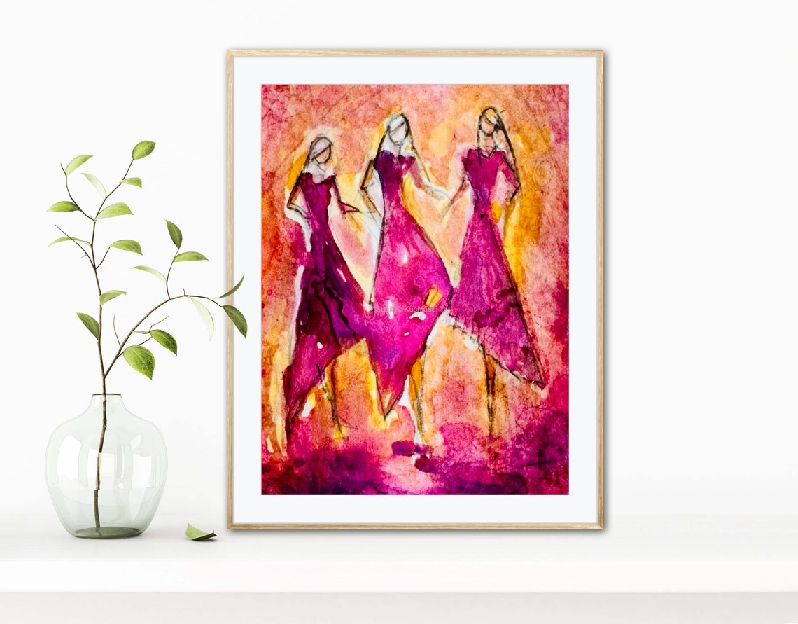 Friendships Abstract Watercolor Three Women Dancing Pink Art Poster - Image 3