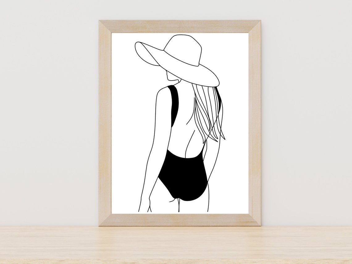 Woman in Sun Hat and Black Swimsuit Seen from Behind Line Art Poster