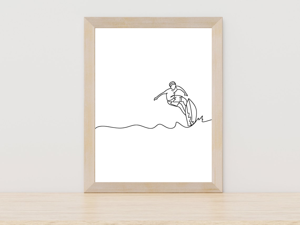 Surfer Riding Ocean Wave One Line Art Beach Surf Decor Poster