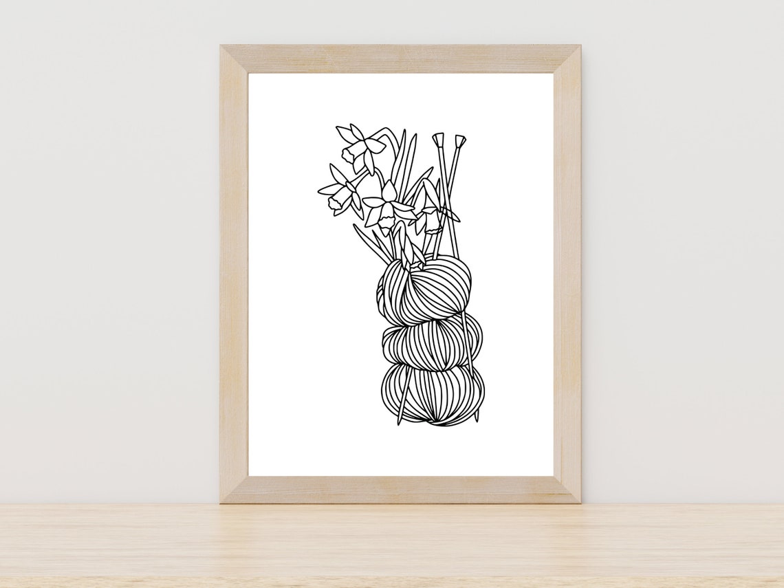 Yarn Balls Knitting Needles Floral Line Art Craft Lover Gift Poster