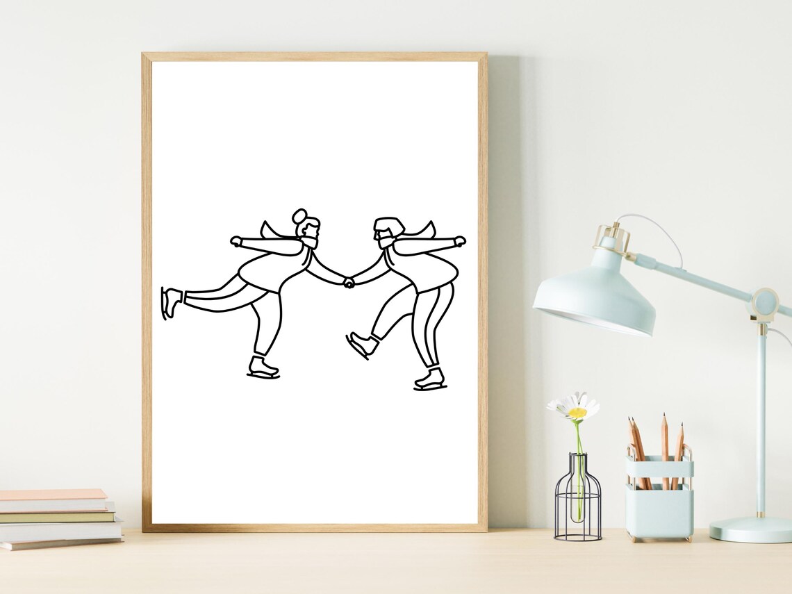 Two Women Ice Skating Together Happy Winter Line Art Sport Poster - Image 2