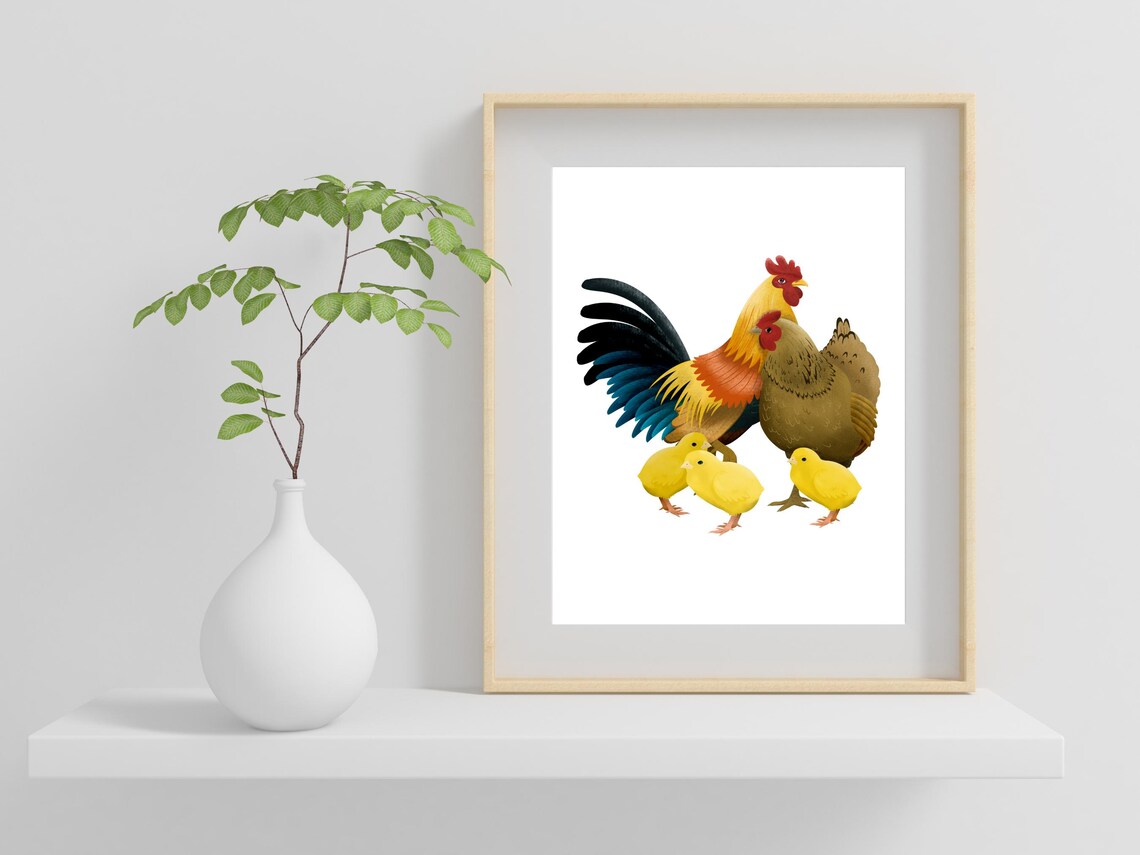 Rooster Hen And Chicks Watercolor Painting Farm Birds Wall Poster - Image 2