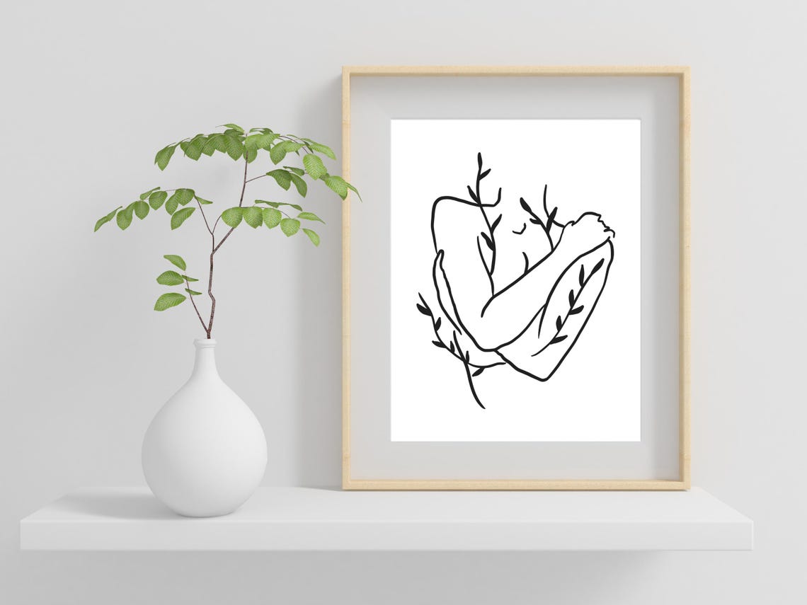 Self Love Woman Embracing Botanical Leaves Minimal Line Art Poster - Image 2