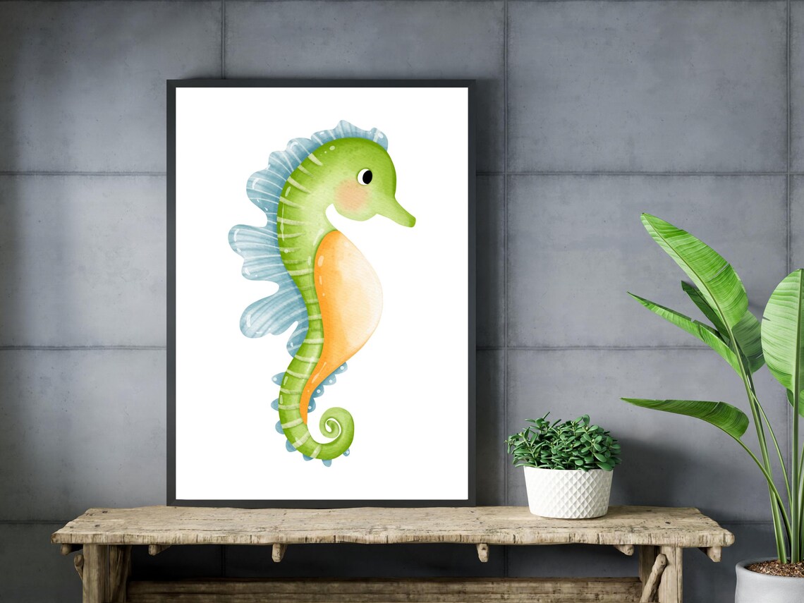 Cute Green Seahorse Watercolor Under the Sea Nursery Art Poster - Image 3