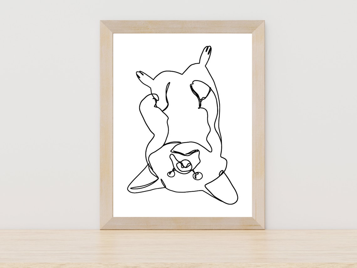 Playful Upside Down Dog Rolling on Back Single Line Art Poster
