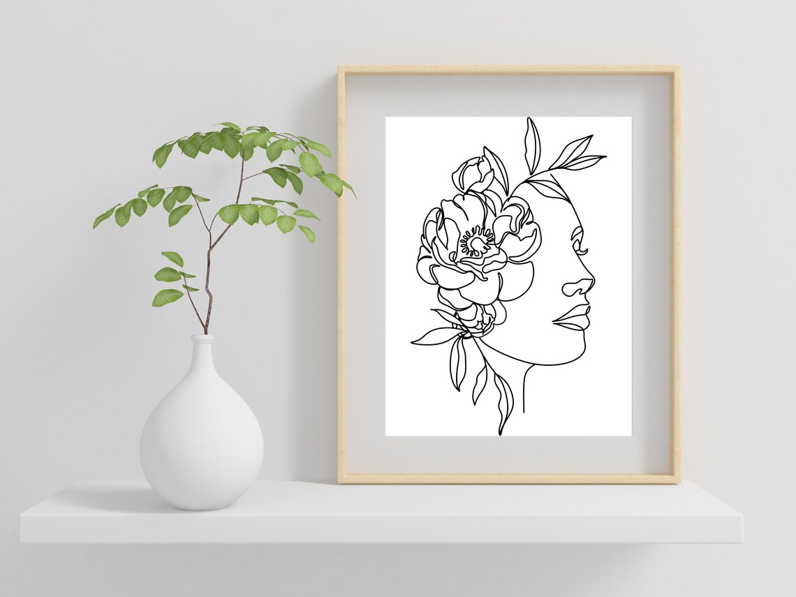 Woman Profile with Peony Flower Minimalist Line Art Decor Poster - Image 2