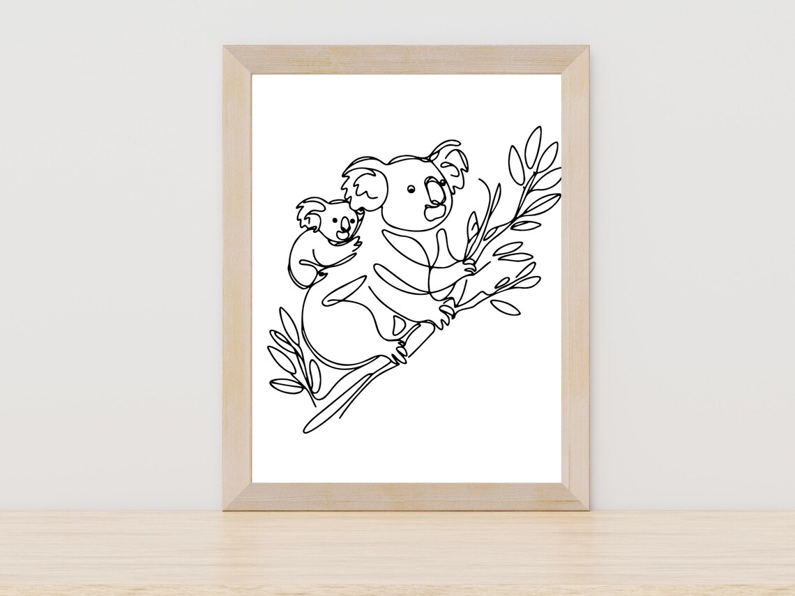 Mother and Baby Koala Line Art With Eucalyptus Minimalist Poster
