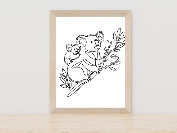 Mother and Baby Koala Line Art With Eucalyptus Minimalist Poster