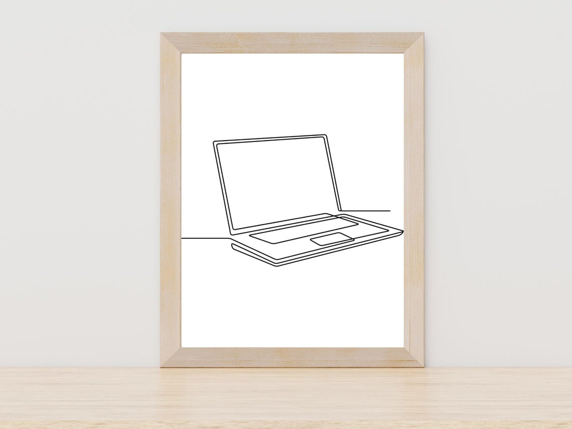 Laptop Computer One Line Drawing Minimalist Home Office Desk Print