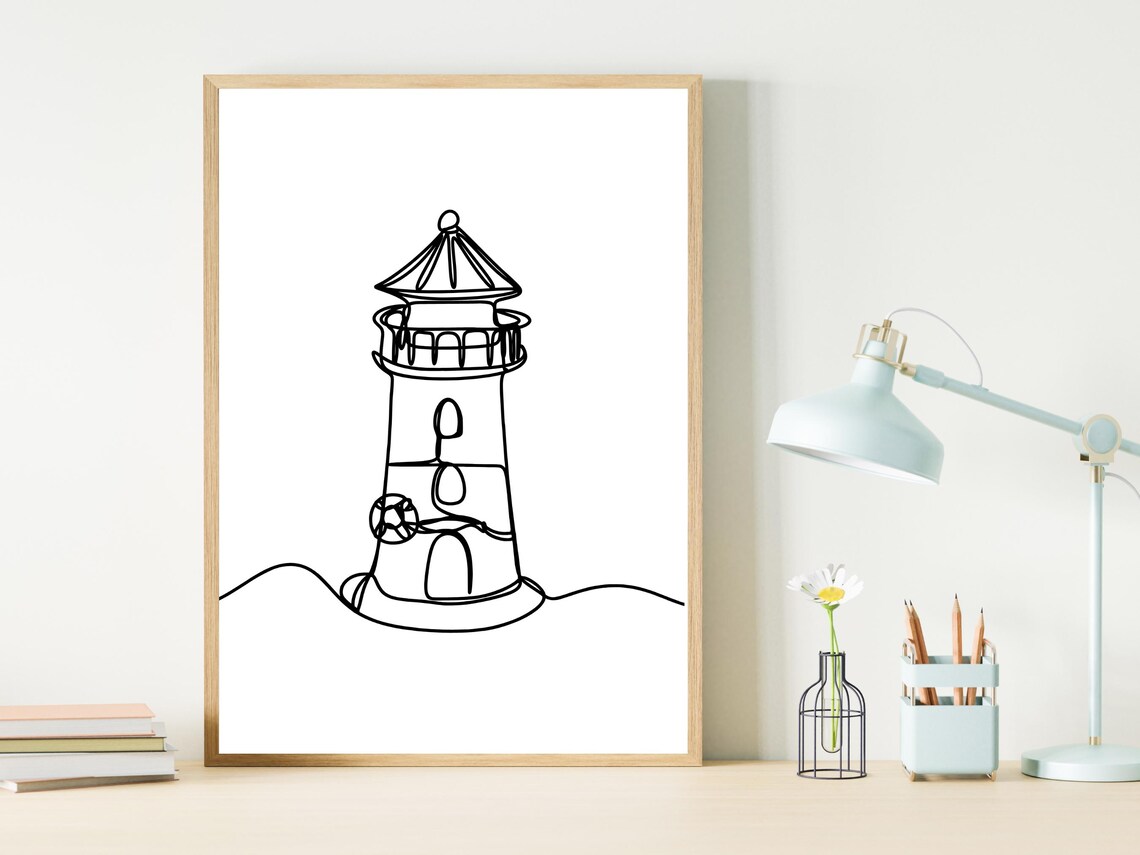 Lighthouse By The Sea Minimalist One Line Art Coastal Poster - Image 2